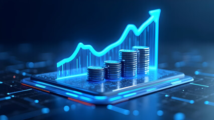 Futuristic Digital Stock Market Investment Concept with Stacked Coins, Holographic Graphs, Upward Financial Growth Arrow, Online Trading, Cryptocurrency, and Business Profit Visualization