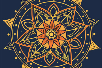 41 Intricate mandala design, golden and orange hues, deep blue background, symmetrical patterns, ornate details, geometric shapes, radial composition, sacred geometry, spiritual artwork, metallic acce