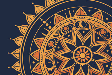 41 Intricate mandala design, golden and orange hues, deep blue background, symmetrical patterns, ornate details, geometric shapes, radial composition, sacred geometry, spiritual artwork, metallic acce