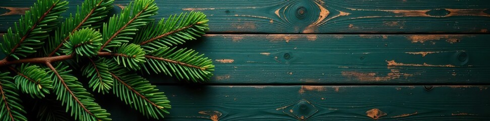 Fototapeta premium Dark green spruce bough, weathered wood plank, weathered, organic, nature