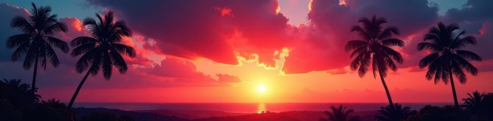 Naklejka premium Dark palm silhouettes against vibrant sunrise/sunset sky , tropical paradise, leaves, ocean view