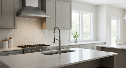 A bright, airy kitchen boasts a sleek stainless steel range hood and pristine white quartz countertops, complemented by soft natural light streaming through large windows.