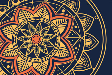 41 Intricate mandala design, golden and orange hues, deep blue background, symmetrical patterns, ornate details, geometric shapes, radial composition, sacred geometry, spiritual artwork, metallic acce