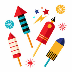 Fototapeta premium Fireworks rockets vector pack for eye-catching 4th of July designs, advertisements, and digital content.