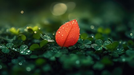A single red leaf rests amid green clover and water droplets