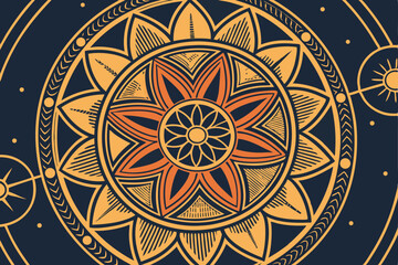 41 Intricate mandala design, golden and orange hues, deep blue background, symmetrical patterns, ornate details, geometric shapes, radial composition, sacred geometry, spiritual artwork, metallic acce