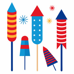 Celebrate with this vibrant fireworks rockets vector collection, featuring red, white, and blue designs for Independence Day artwork.