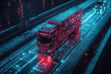 Obraz premium A truck speeds down a dark road at night, headlights cutting through the darkness creating a trail of light behind it.