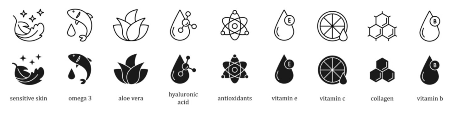 Organic cosmetic line icons set. Organic skin care components or labels. Sensitive Skin, Vitamin C, Omega-3 Fatty Acids, Hyaluronic Acid, Vitamin E, Aloe Vera, Retinol, Collagen, Peptides,