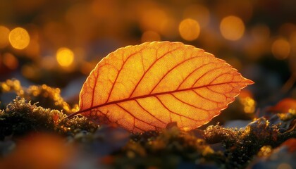 A single vibrant autumn leaf rests with golden bokeh background