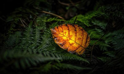 An illuminated autumn leaf rests on verdant green ferns