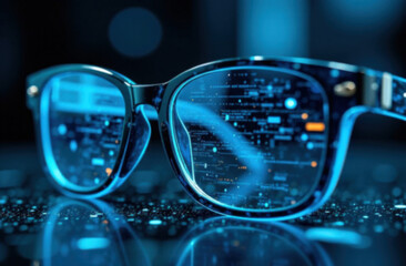 Glasses with anti-glare lenses, reflection of the digital vision diagnostic interface in the lenses, futuristic style