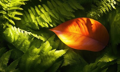 An orange leaf rests upon a bed of lush green fern fronds