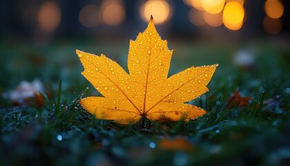 A single bright yellow leaf sits on green grass with water droplets