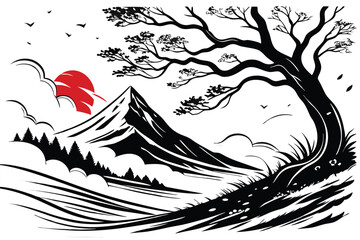 42 Abstract landscape, ink splash, mountain peak, dynamic brushstrokes, monochromatic palette, red accent, textured canvas, dramatic composition, Japanese-inspired art, stormy atmosphere, ethereal mis © Manik Mia