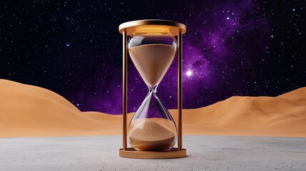 A golden hourglass floats serenely amidst the cosmic expanse of a vibrant nebula and desert dunes symbolizing the passage of time within the vastness of space and the universe's