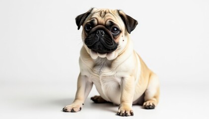 Obraz premium A solo pug, showcasing its endearing features on a stark white backdrop, dog breeds, companion, breeds