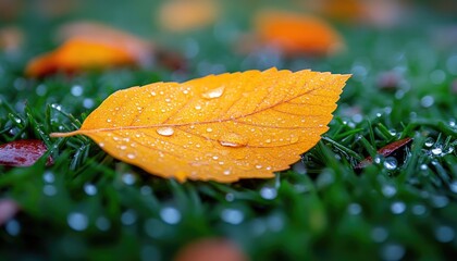 A close up of a golden autumn leaf on grass