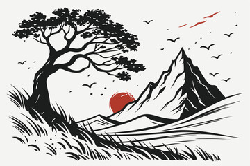 42 Abstract landscape, ink splash, mountain peak, dynamic brushstrokes, monochromatic palette, red accent, textured canvas, dramatic composition, Japanese-inspired art, stormy atmosphere, ethereal mis © Manik Mia