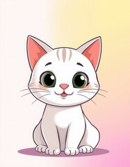 Cute cartoon white cat with green eyes on colorful background