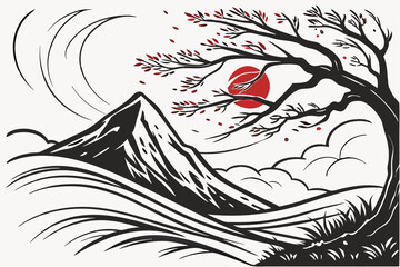 42 Abstract landscape, ink splash, mountain peak, dynamic brushstrokes, monochromatic palette, red accent, textured canvas, dramatic composition, Japanese-inspired art, stormy atmosphere, ethereal mis © Manik Mia