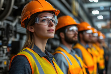 Woman in safety gear stands before workers on construction site.