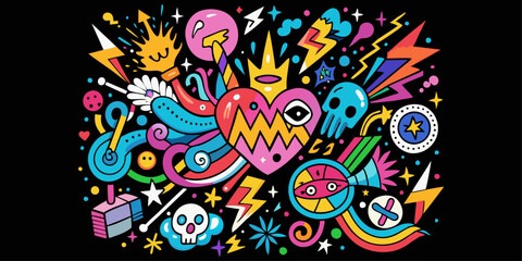A vibrant, chaotic doodle illustration on black, filled with colorful hand-drawn icons