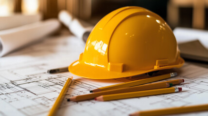 Yellow Construction Helmet on Architectural Blueprints with Rolled-Up Plans and Pencils, Representing Planning and Safety in Construction
