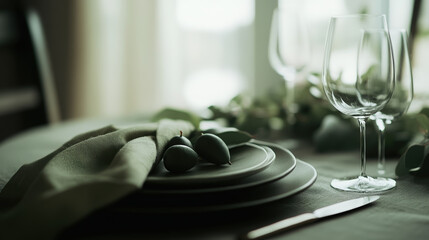 Elegant Dining Arrangement. A beautifully set table features muted green tones with decorative olives, providing an elegant and contemporary dining atmosphere.
