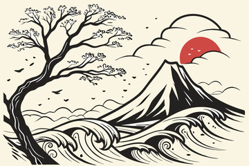 42 Abstract landscape, ink splash, mountain peak, dynamic brushstrokes, monochromatic palette, red accent, textured canvas, dramatic composition, Japanese-inspired art, stormy atmosphere, ethereal mis © Manik Mia