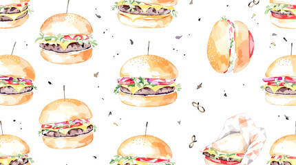  Watercolor pattern a burger on white background	