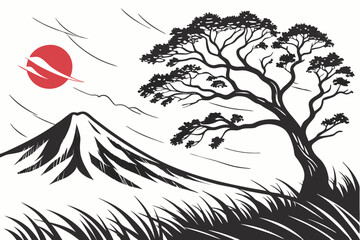42 Abstract landscape, ink splash, mountain peak, dynamic brushstrokes, monochromatic palette, red accent, textured canvas, dramatic composition, Japanese-inspired art, stormy atmosphere, ethereal mis © Manik Mia