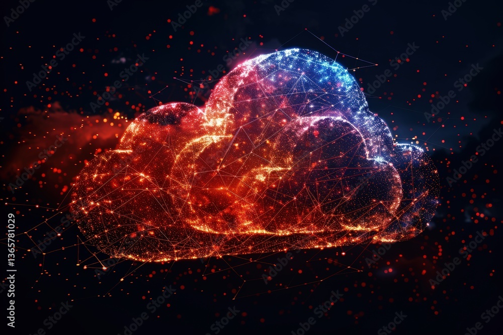Poster a vivid, digital representation of a cloud with glowing lines and dots, symbolizing technology and c