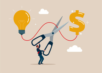 Hand holding scissors cut the connected wire between light bulb and dollar. No financial support for startup and company. Modern vector illustration in flat style