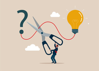 Businessman holding scissors cut the connected wire between question mark with lightbulb solution. No solution, no answer to hard question or innovation no help, no technology success. 