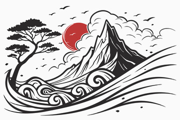 42 Abstract landscape, ink splash, mountain peak, dynamic brushstrokes, monochromatic palette, red accent, textured canvas, dramatic composition, Japanese-inspired art, stormy atmosphere, ethereal mis © Manik Mia