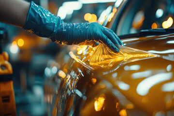 Worker inspecting a car in a garage with tools and diagnostic equipment on a cluttered workbench nearby. Car raised on a lift, surrounded by shelves of spare parts.