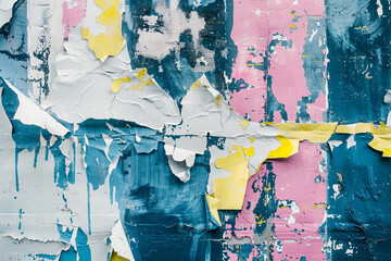 Naklejka premium Torn posters and peeling paint on wall representing urban decay graffiti art and street art texture, concept: urban, decay, graffiti, , art