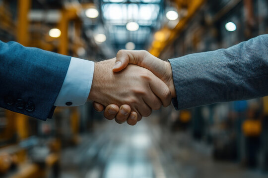 Two men shaking hands in a warehouse, surrounded by shelves of cardboard boxes. - Powered by Adobe