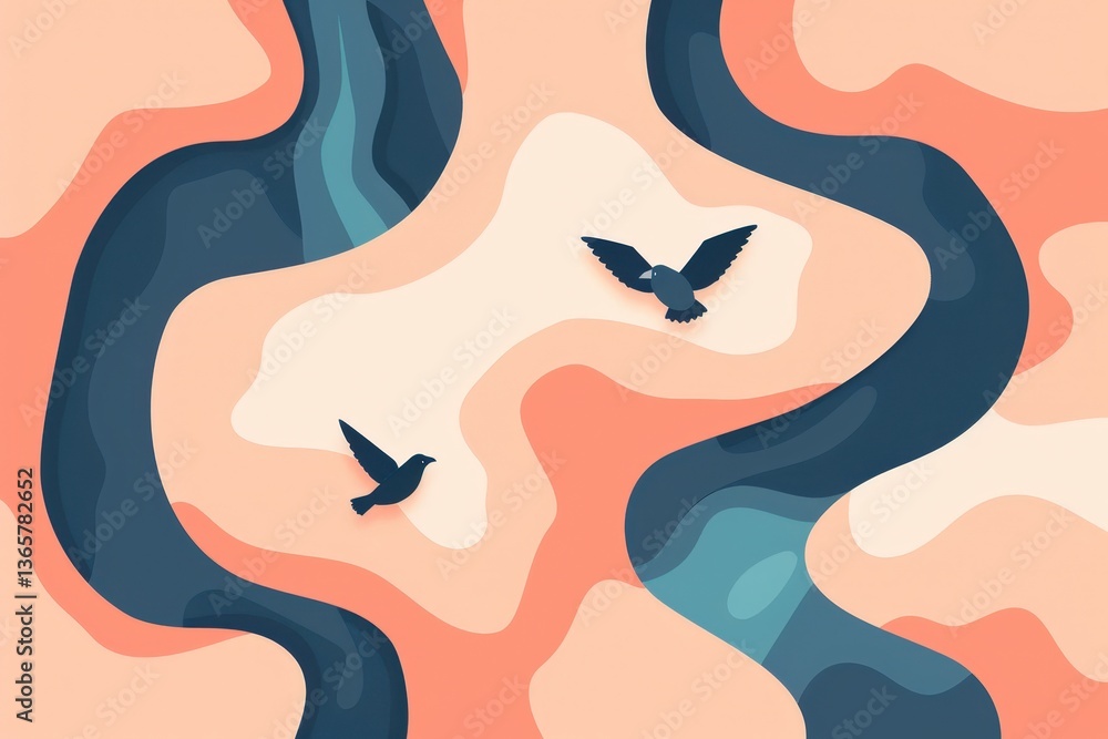 Aufkleber abstract design featuring flowing shapes and two birds in a soft color palette, evoking a sense of t