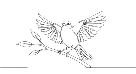 Fototapeta premium Bird spreading wings on branch in minimalist line art 