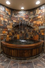 Stone Waterfall Feature with Wooden Basin.