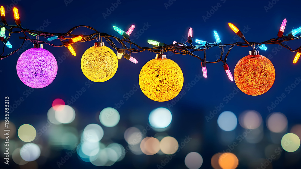 Poster festive string lights with ornate spheres illuminated against cityscape bokeh background