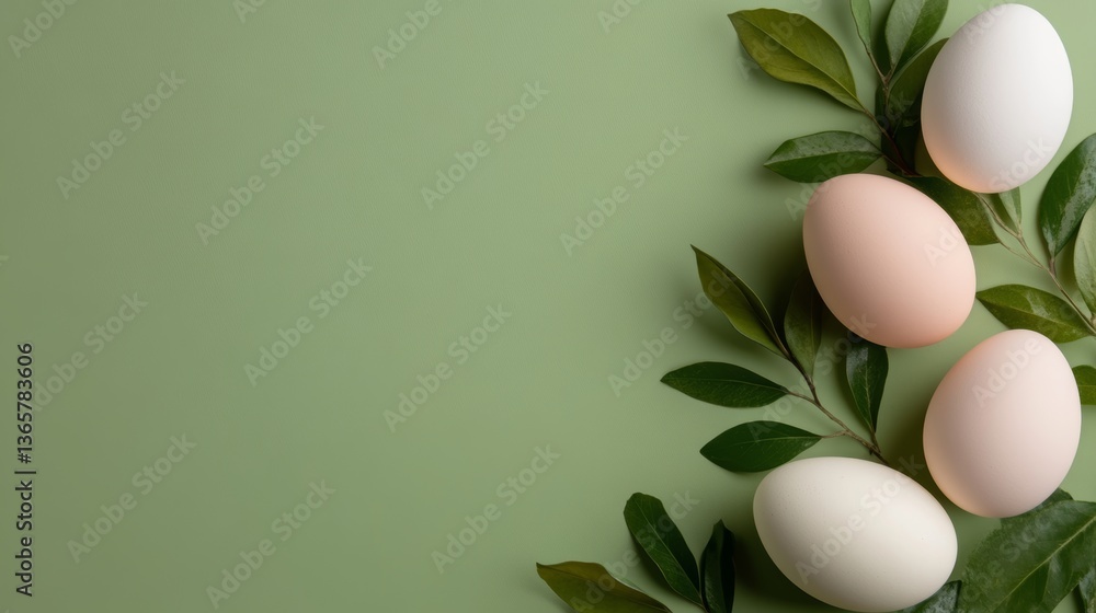 Poster colorful eggs arranged neatly with leaves on a soft green background create an inviting atmosphere f