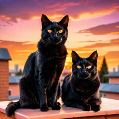 A mystical two black cat appearing in a glowing aura