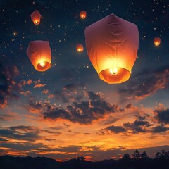 sunset, sky lanterns in the sky, air lanterns, lanterns in the sky, fire