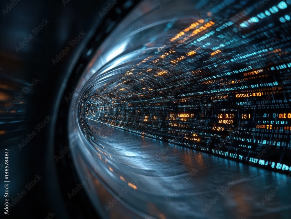 Fototapete Digital cascade flows through an infinite tunnel of vibrant data streams and glowing symbols
