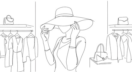 Fashion icon trying on a stylish hat in a boutique setting  