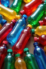 Colorful plastic bottles sorted for recycling, earth, management