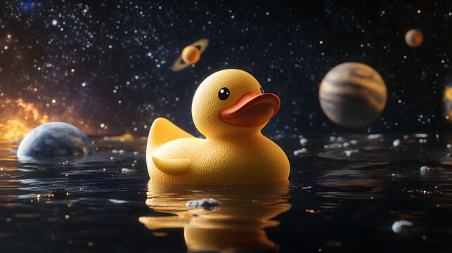 Cosmic Rubber Ducky: A whimsical journey of a yellow duck amidst celestial bodies in space, reflecting serenity and wonder.